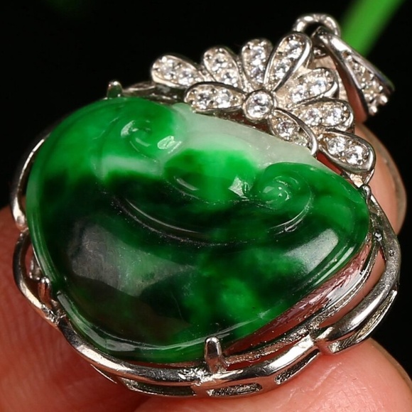 925 Silver Cert'd Natural Green Grade A Jadeite Jade Pendant RuYi 如意 - Picture 10 of 11